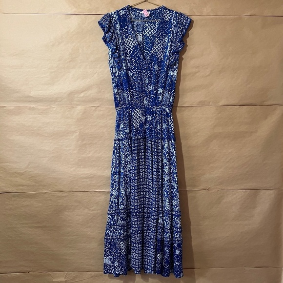 Poupette St Barth Dresses & Skirts - Poupette St Barth | Paulina Midi Dress Ruffle Tiered V-Neck Blue Antibes Size S
